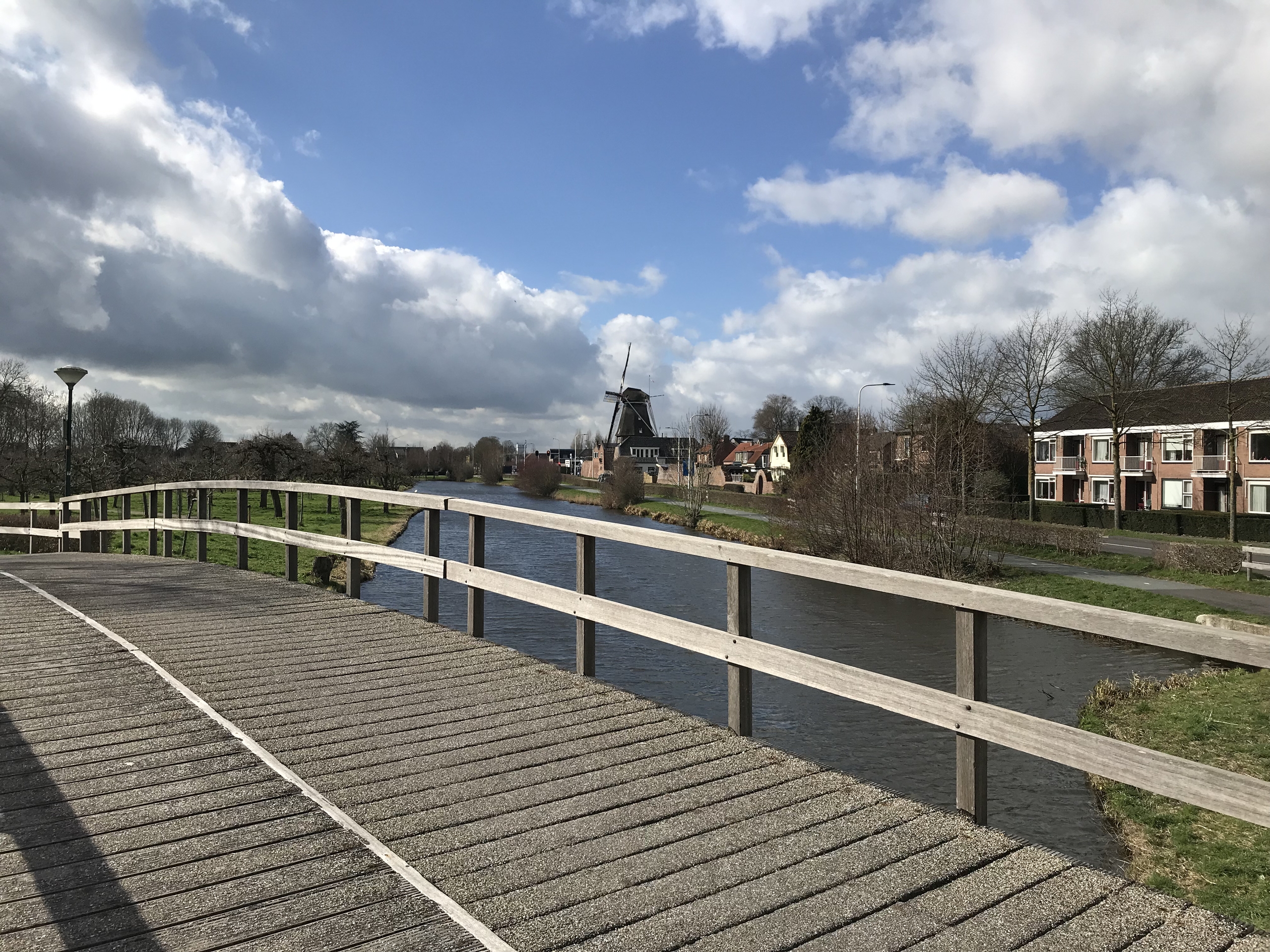 Zicht op molen vanaf de brug in het park